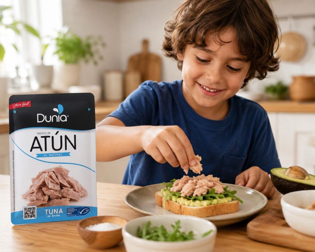 Niño preparando sandwich con atún al natural Dunia - alimentación infantil saludable